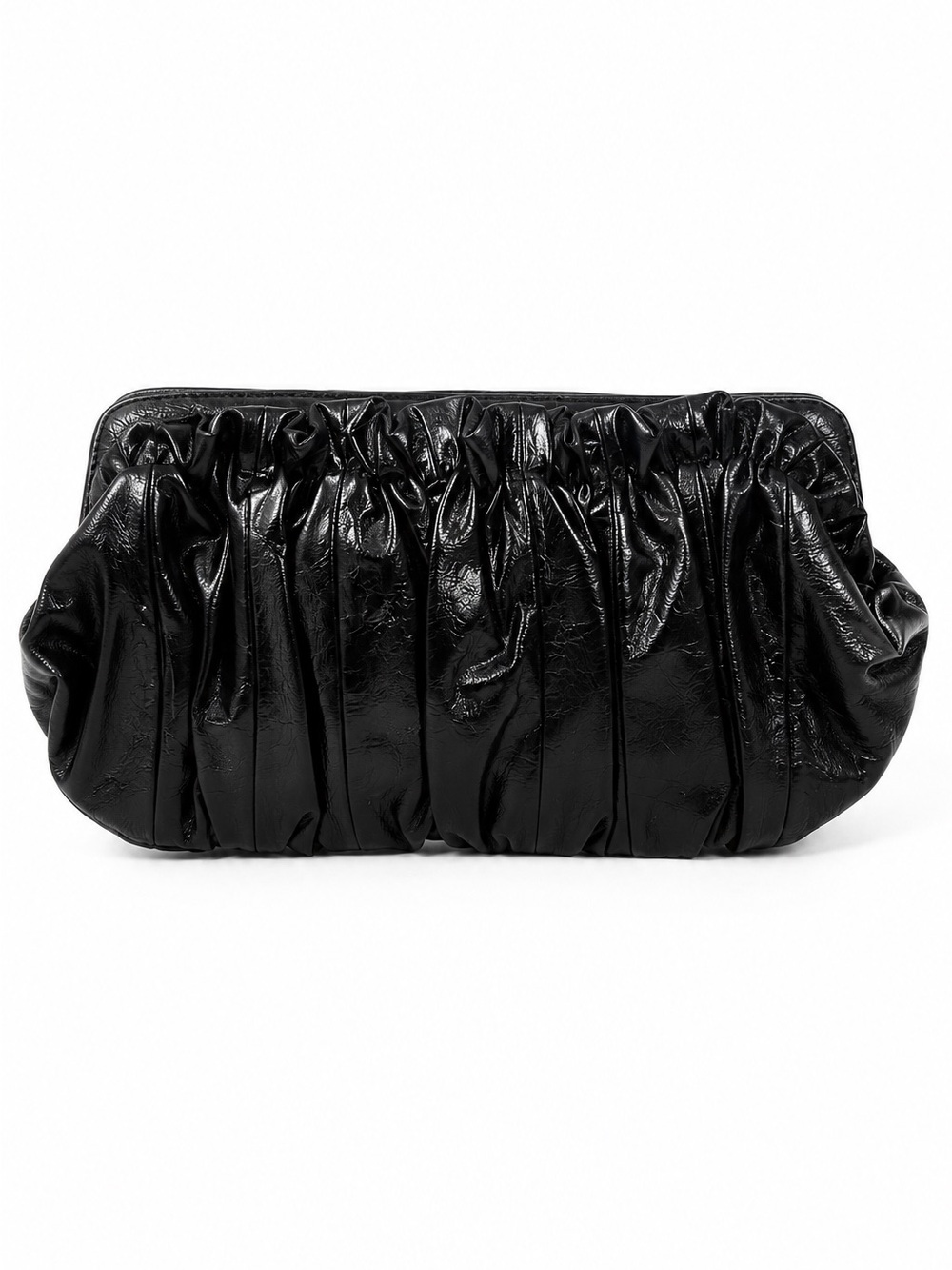 Express Black Ruched Patent Faux Leather Clutch Evening Bag